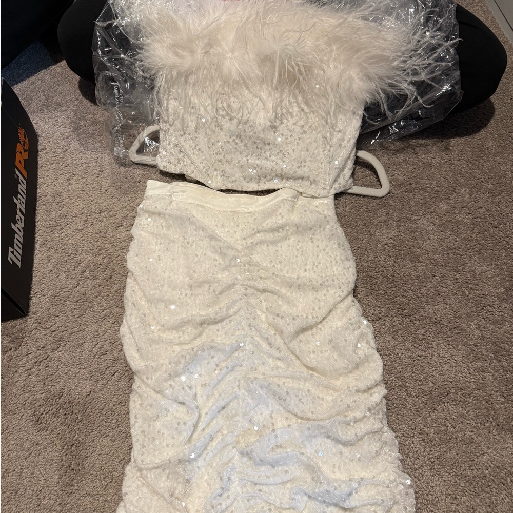 White Sequin Feather Tube Top and Long Skirt Set